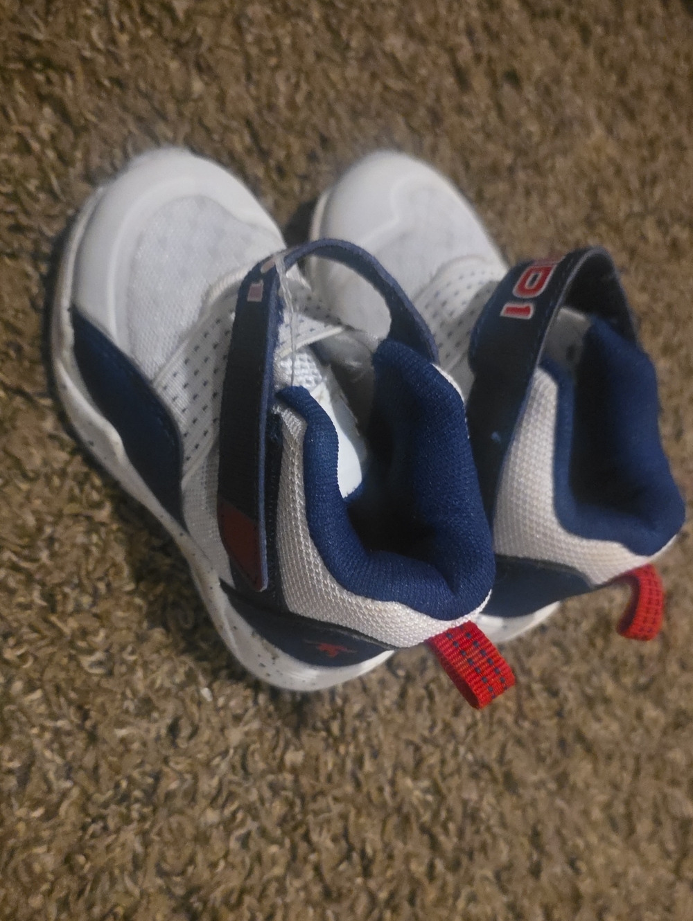 Children's White and Navy Hook-and-Loop Sneakers with Red Trim